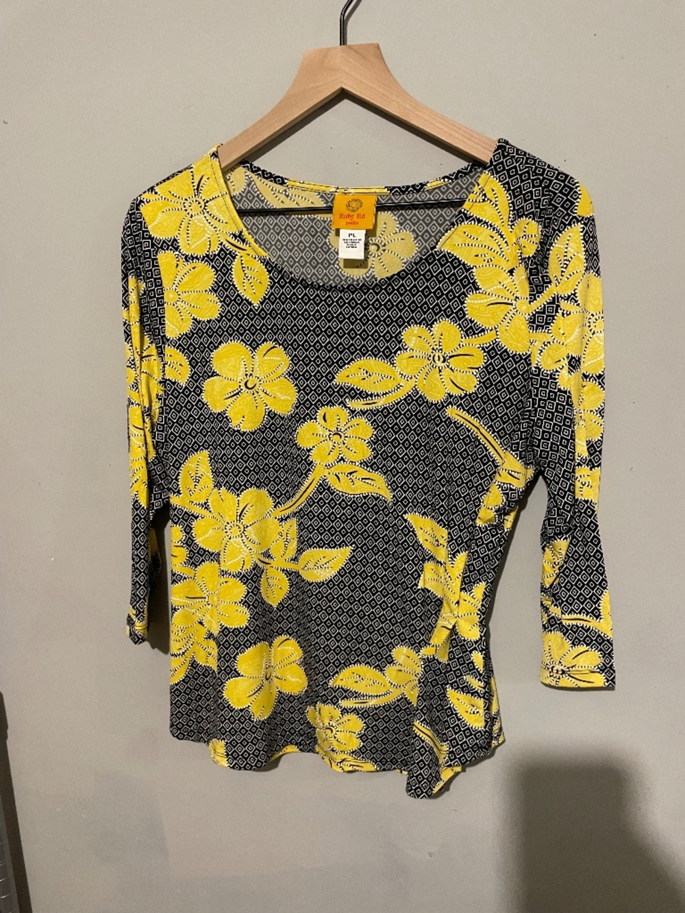 Ruby red petite, large yellow, and blue pullover top
